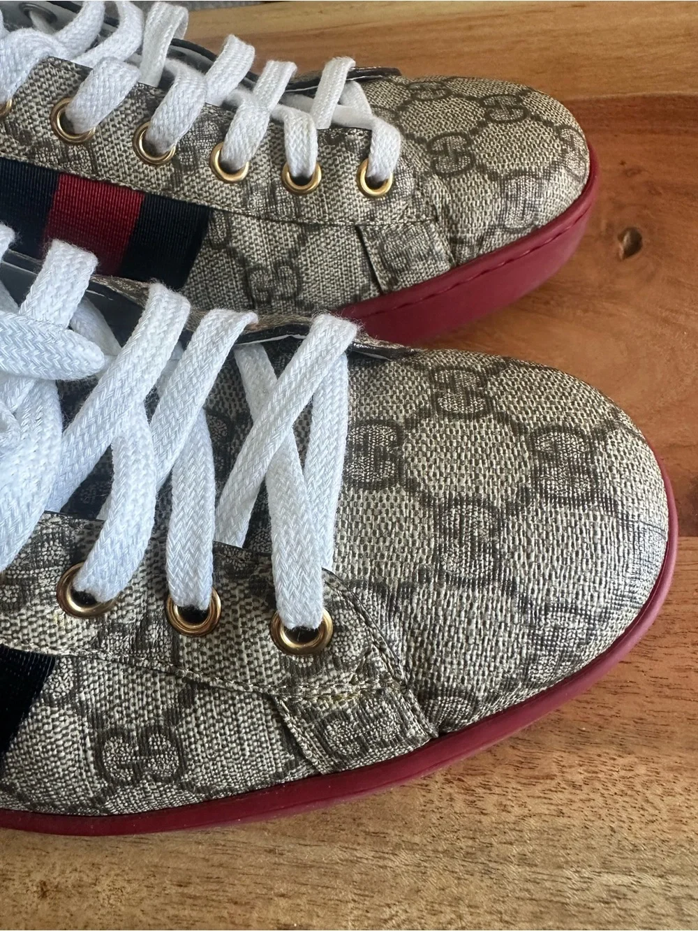 Gucci Beige GG Canvas Sneaker with Red & Navy Web Stripe